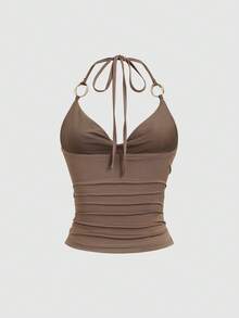 Sweetra Áo ba lỗ nữ đa năng có dây buộc cổ và vòng kim loại Y2K mới - màu nâu - Xem 2