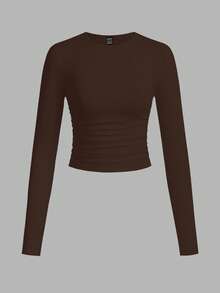 SHEIN EZwear 3件套女士休闲纯色圆领褶皱长袖T恤，秋冬 - 彩色 - 查看 4