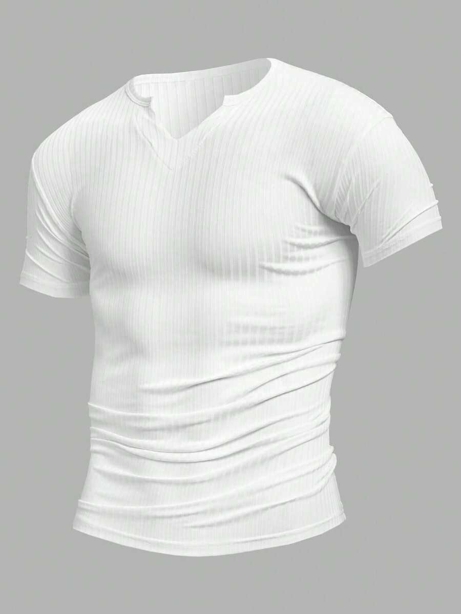 Manfinity Mode Men Simple Solid Color Plain V-Neck Short Sleeve T-Shirt - White - View 1