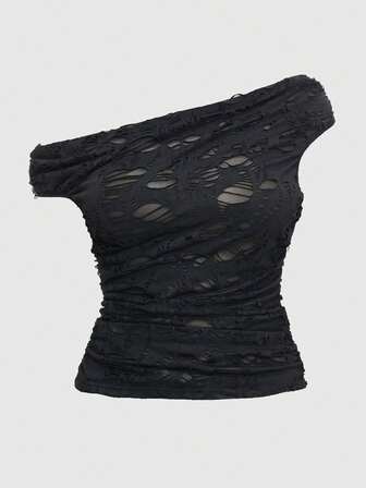 Grunge Punk Plus Size Sexy Vintage Distressed Off Shoulder Women T-Shirt