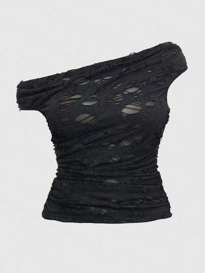 Grunge Punk Plus Size Sexy Vintage Distressed Off Shoulder Women T-Shirt