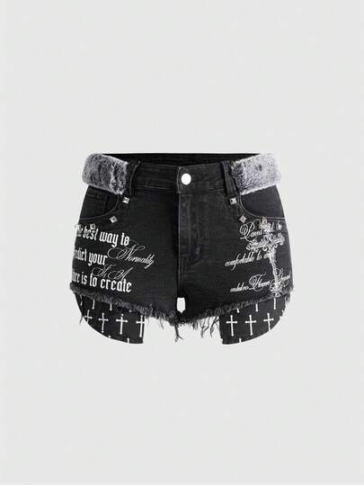 J-Fashion Short en jean mini taille basse délavé style Y2K avec décoration de croix et rivets pour femmes, style rétro chic, automne/hiver