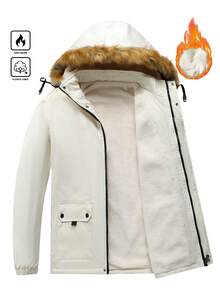 Manfinity Hypemode 男士休闲连帽长袖羽绒服，带翻盖口袋和毛领，秋冬季 - 卡其色 - 查看 3