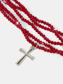 Y2Kool 1pc 5-Layer Cross Necklace With Glass Crystal Suitable For Daily Wear, Unisex - Red - View 5