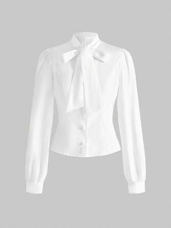 Kawaii Camisa de mujer de unicolor de manga larga con puños con lazo, versátil