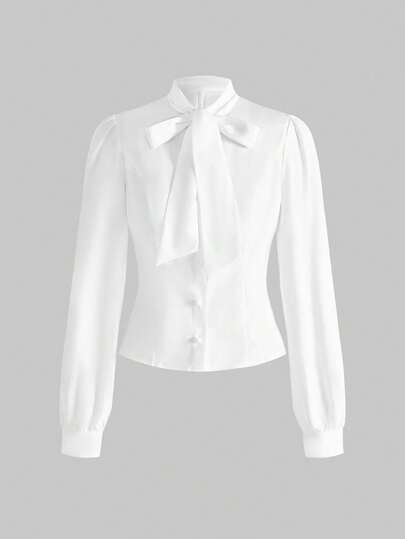 Kawaii Chemise à manches longues de couleur unie avec nœud papillon aux poignets, polyvalente pour femmes