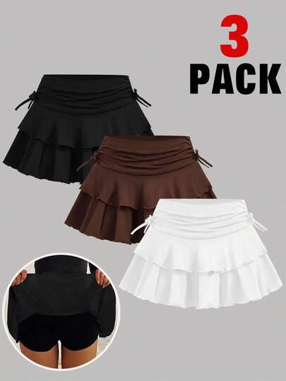 SHEIN Girlism Ensemble de 3 jupes casual en polyester pour adolescentes, noir, blanc, marron, avec motif uni et volants. Jupe à volants noire pour filles et adolescentes, jupe patineuse noire, jupe a-line froncée à la taille de style minimaliste et casual