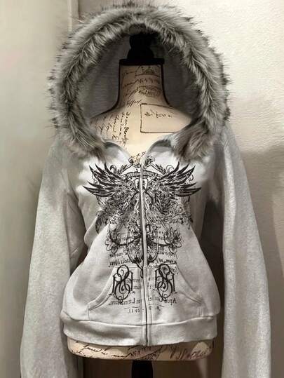 EMERY ROSE Plus Size Fluffy Zip-Up Sweatshirt, Gray