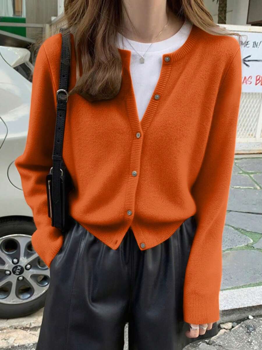 INAWLY Women's Casual Solid Color Button Front Cardigan, Autumn/Winter - Orange - View 1