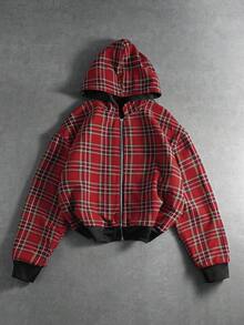 PAVTROS Manfinity Streetrush 男士街头风流行 INS 休闲格子连帽卫衣，秋冬季，街头服饰，保暖，圣诞节，男友礼物，双面拉链卫衣，长袖上衣 - 黑色 - 查看 8