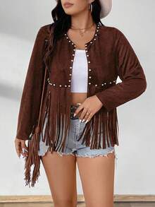EMERY ROSE Plus Size Jacket With Front Bubble Beads And Tassel Hem, Long Sleeve - Rust Brown - View 7