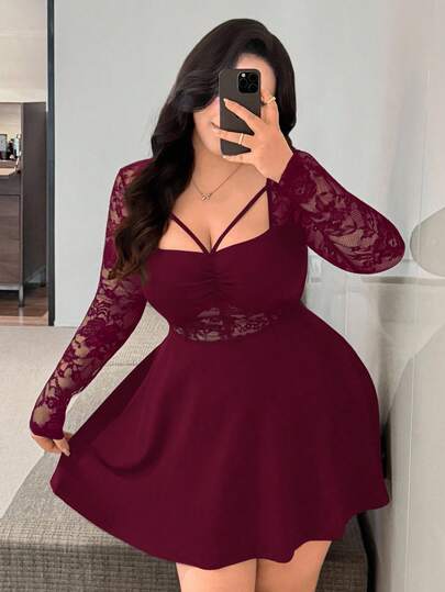  Vibekara Plus Size Women's Sexy Party Lace Patchwork A-Line Long Sleeve Ruched Bust Elegant Vintage Romantic Fitted Cute Minimalist Dress, Suitable For Daily Wear, Back To School, Birthday, Party, Wedding Guest, Cocktail