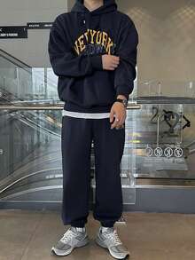 DAZY Navy Blue Men's Letter Print Thermal Lined Hoodie Set, Autumn/Winter - Navy Blue - View 5