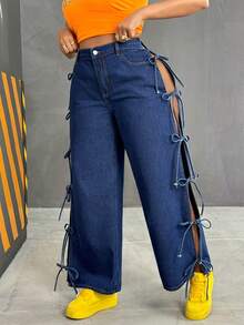 Slaydiva Winter Plus Size Women Cowgirl Style Blue Lace-Up High Slit Flare Leg Pants, Sexy Fall - Dark Wash - View 3