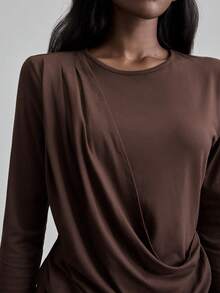 Ontre Áo thun dự tiệc và năm mới thu/đông 2025 dành cho nữ, áo len cổ tròn màu trơn thanh lịch, trang phục công sở và thường ngày đa năng, thích hợp cho Halloween, Giáng sinh, ngày lễ - Cà phê nâu - Xem 7