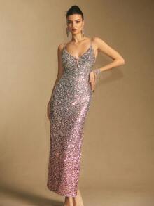 Poéselle 女式纯色亮片金属海星装饰修身优雅吊带背心连衣裙 - 粉色 - 查看 7