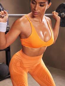 Powerista Sutien sport plisat de culoare uni pentru femei, pentru fitness, de zi cu zi