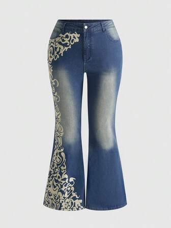 Jeans évasés à taille basse, sexy, stretch et grande taille, avec imprimé floral vintage gothique