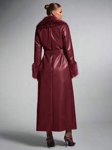 SHEIN BAE 女士时尚街头 PU 皮革拼布仿毛领超长外套，秋冬 - 酒紅色 - 查看 2