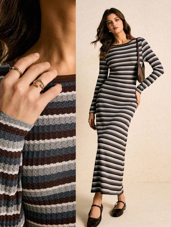 Poéselle Women's Dresses, Knitted Stripes, Long-Sleeved Dresses, Long Dresses, Casual Striped Dresses, Home Dresses Women's Casual Commuter Striped Fitted Maxi Dress Striped Maxi Dress Long Sleeve Striped Dress Long Sleeve Dress Bodycon Maxi Dress Women's Winter Dress Women Dresses Autumn Winter Cozy Fall And Winter Clothes For Women Christmas New Year Dress Thanksgiving Outfit
