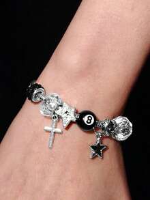 Y2Kool 1 件 8 球台球吊饰可调节手链、1 件星形和十字吊饰手链、1 件豹纹和极简主义吊饰手链、可调节情侣手链 - 銀色 - 查看 5