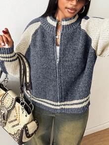 Maweii 大码女式条纹插肩袖拉链休闲针织开衫，秋冬 - 灰色 - 查看 7