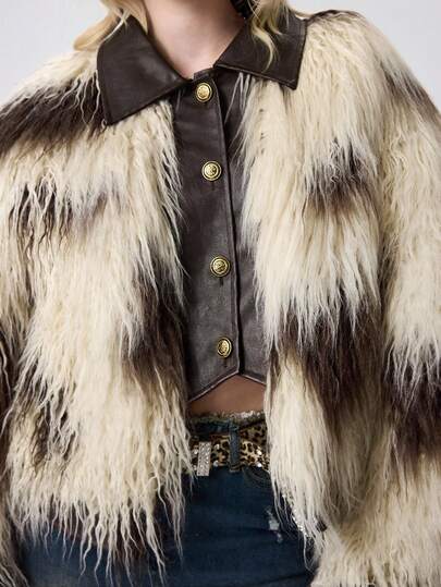 Hippie Women's Retro Hippie Style PU Patchwork Cow Print Faux Fur Contrast Color Jacket