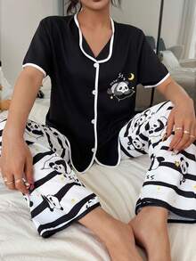 Dream Adore 条纹睡熊猫开衫休闲女士睡衣套装 - 黑色 - 查看 6