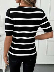 SHEIN Clasi 女式 V 领插肩短袖条纹休闲针织套头衫 - 黑與白 - 查看 2