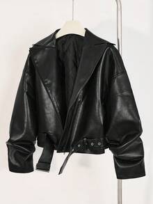 INAWLY Fashionable Black Collar Tie Waist Short Leather Jacket - Black - View 1
