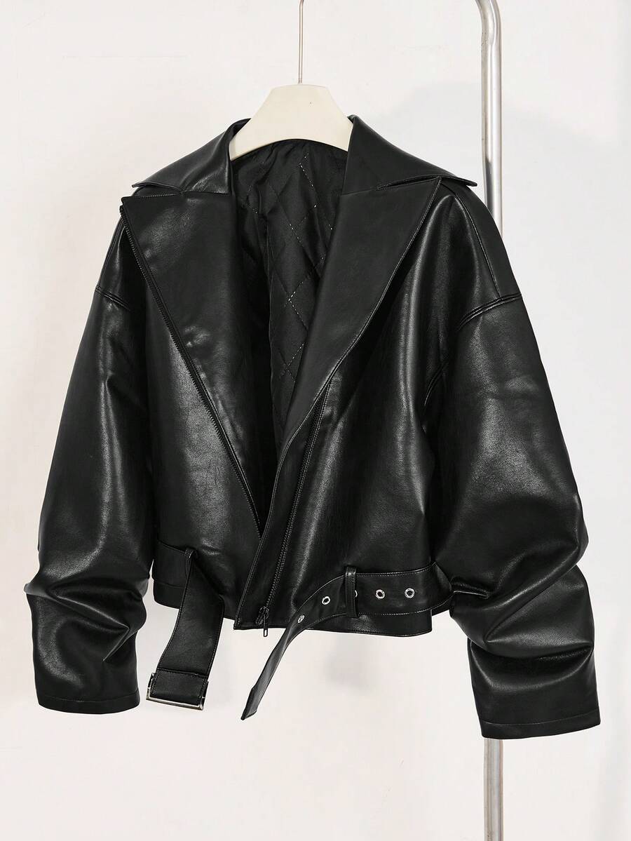 INAWLY Fashionable Black Collar Tie Waist Short Leather Jacket - Black - View 1