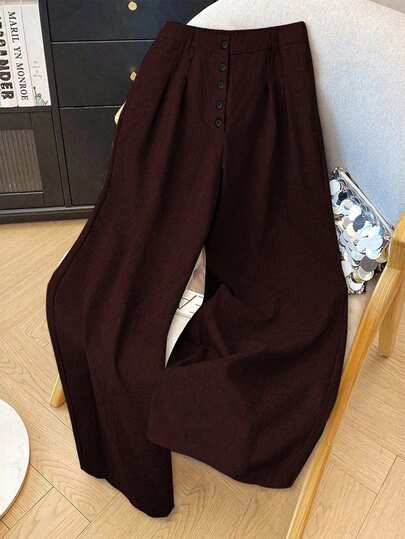 Franclia Plus Size Women's Business/Casual Loose Fit High-Waisted Wide Leg Slimming Woven Button-Front Trousers, Spring/Autumn Women Pants Brown Pants For Women Maroon Pants Wide Pants Women Wide Leg Pants Button Fly Pants Women Palazzo Pants