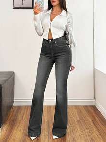 98%Cotton Blacl Slim Fit Flared Jeans - Grey - View 5