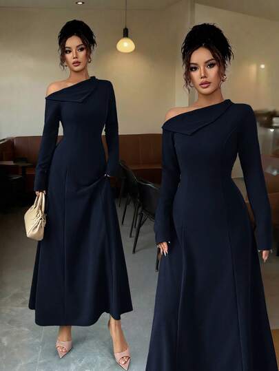 Elenzga 优雅女式长款系腰 A 字连衣裙，露肩，纯色，适合日常、派对、节日、晚礼服、秋冬季。女式秋季连衣裙、女式冬季服装、圣诞连衣裙、商务休闲女装、女式工作服、婚礼活动连衣裙、哥特式女装、露肩、单肩连衣裙