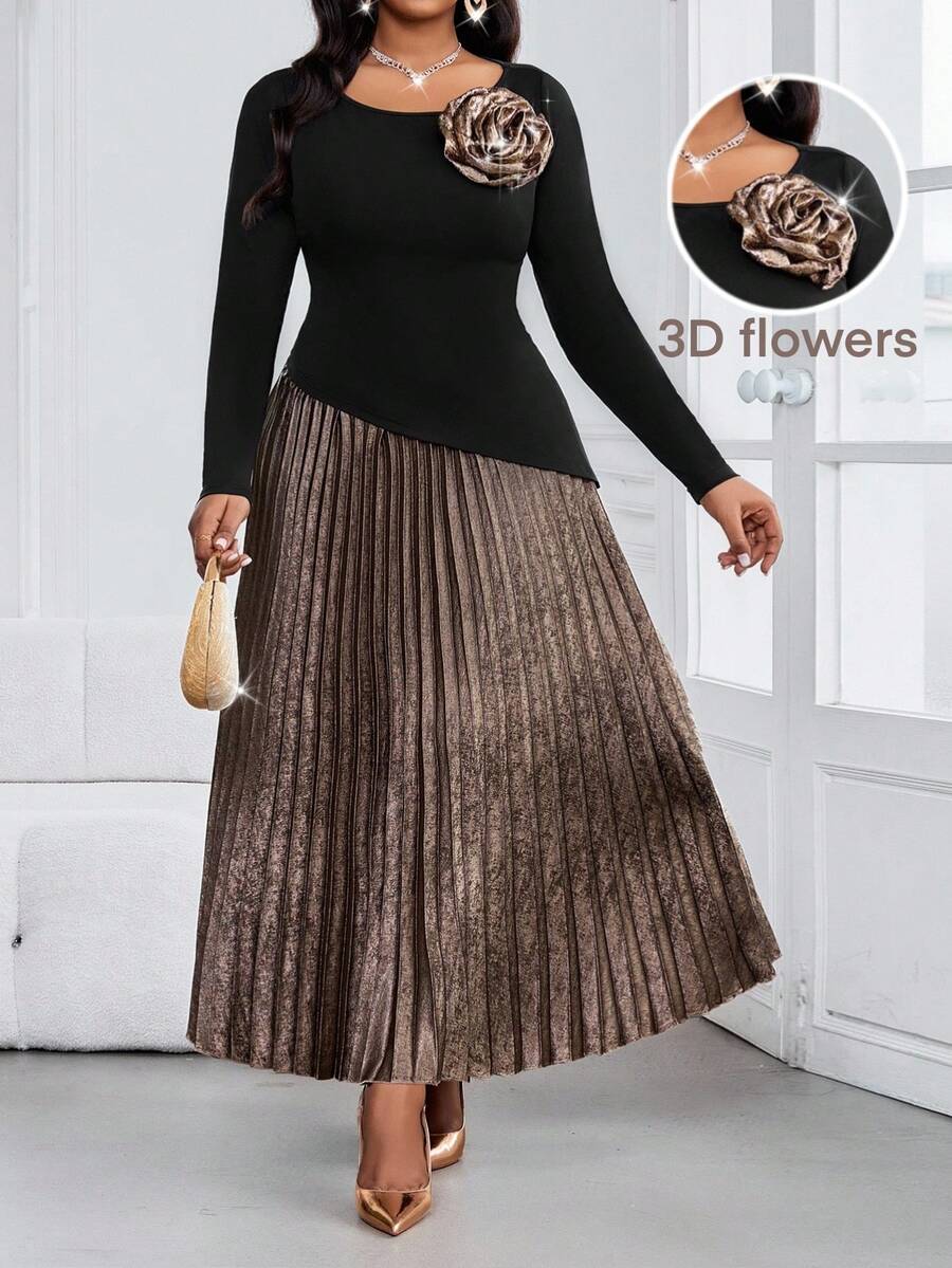 SHEIN Lady Women's Black Autumn Elegant Two Pieces Suit,Formal Evening Wedding Guest Luxury Plus Size Pleated Maxi Skirt & 3D Flower Knitted Round Neck Top - Multicolor - View 1