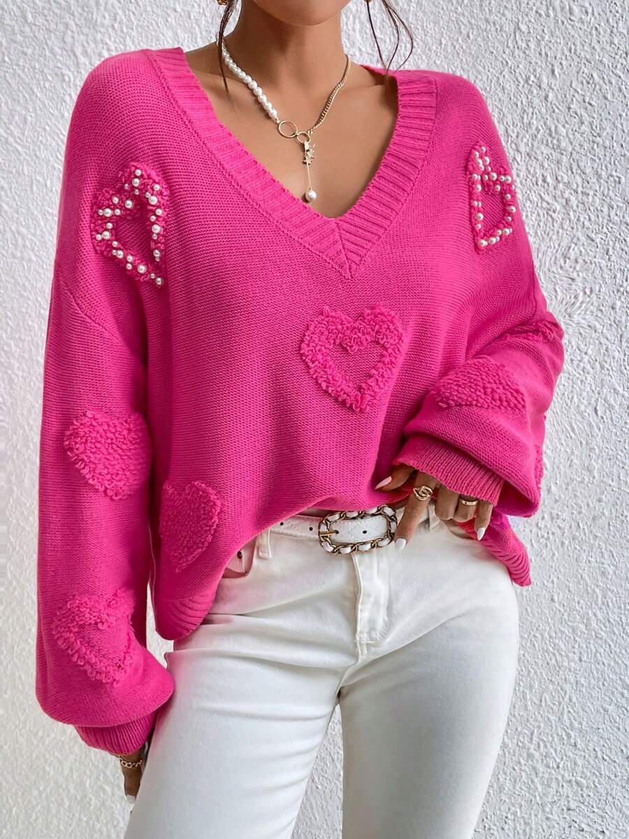 Chiquease Pearls Heart Detail V-neck Drop Shoulder Jumper - Hot Pink - View 1
