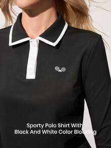 CourtClass CourtClass 休闲百搭保暖内衬长袖撞色纽扣领网球瑜伽运动 Polo 衫 - 彩色 - 查看 3