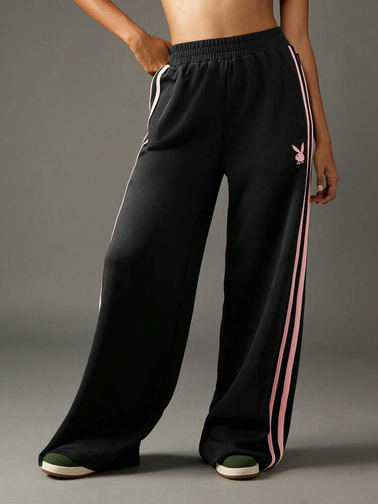 Missguided x Playboy Oversized Wide Leg Jogger Sweatpants With Pink Stripe Detail Elastic Waist Casual Loungewear Pants