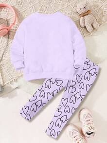 SHEIN Happikins 2pcs/Set Young Girl Casual Loose Fit Heart Pattern Round Neck Long Sleeve Sweatshirt And Leggings, Suitable For Autumn/Winter Winter Young Girls Sets Tween Girl Lavender Outfits Cozy And Cute Lavender Sweatshirt Kids Girls Comfy Set Sweatshirt Set For Girl