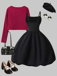 SHEIN ChillGRL Tween Girls' Retro Elegant Black Bow Cardigan And White Bow Strap Puff Strap Dress Set  Autumn/Winter  Princess Halloween/Christmas Party  Dresses Butterfly Outfit Black Outfits - Black - View 2