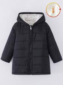 女童冬季中长款黑色拉链连帽羽绒服，经典时尚 - 黑色 - 查看 4