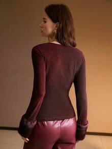 MOTF PREMIUM FAUX FUR CUFF TRIM FITTED BASE LAYER T-SHIRT, AUTUMN/WINTER - Burgundy - View 4