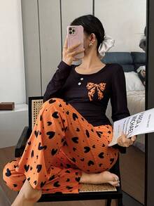 SHEIN 蝴蝶结爱心罗纹圆领长袖上衣和裤子休闲女式睡衣套装，冬季服装 - 黃色 - 查看 6
