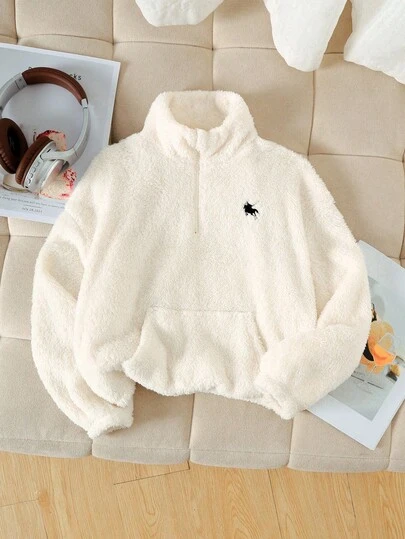 SHEIN Sudadera holgada y cómoda con cuello redondo y forro térmico, con diseño bordado de caballo, cuello alto con media cremallera y bolsillo, manga larga, ropa de niña adolescente de color blanco crema, sudaderas sencillas y lindas para adolescentes, chaqueta de forro polar con cremallera de cuarto para niña preadolescente