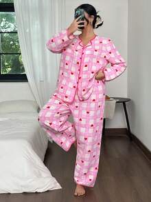 SHEIN Plus Size Plaid Heart Decor Long Sleeve Top & Pants Pajama Set, Winter Clothes - Multicolor - View 4