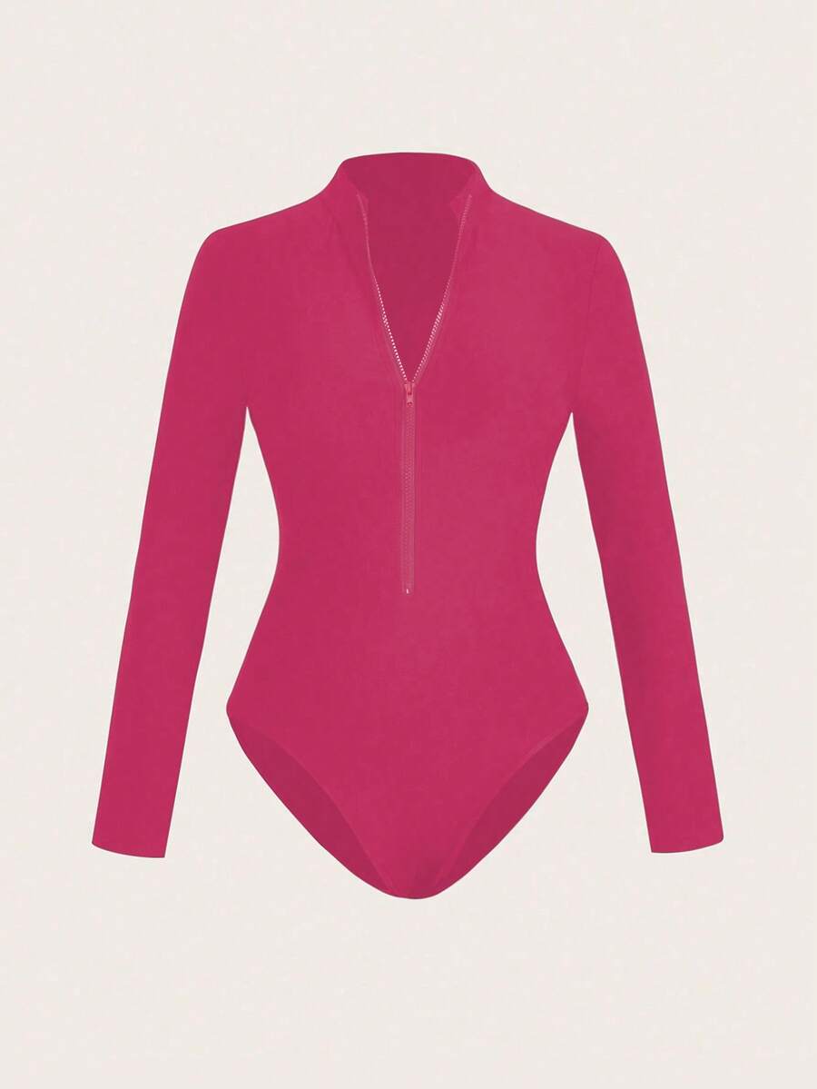 SHEIN LUNE 女式休闲纯色拉链长袖紧身衣 - 玫紅色 - 查看 1