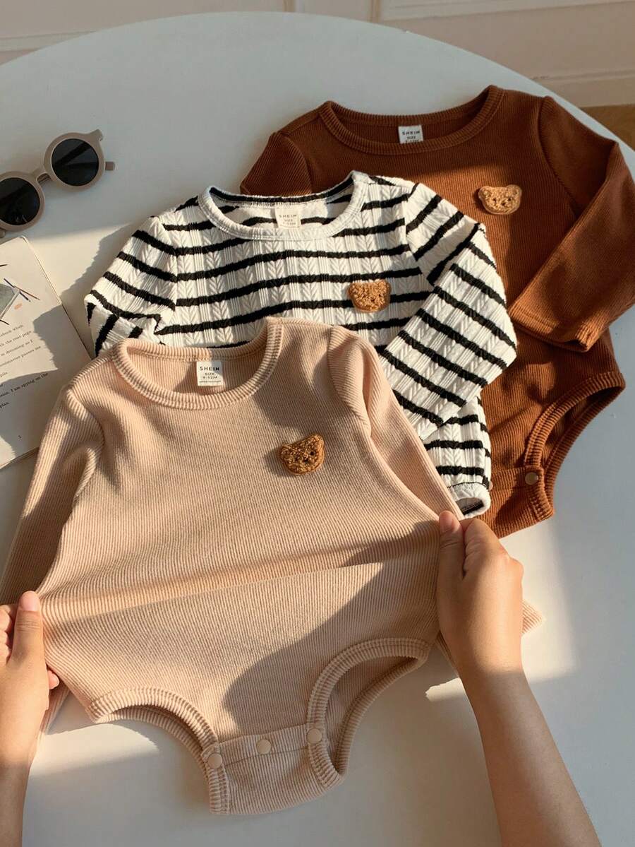 SHEIN 3件套新生儿男女宝宝可爱卡通印花长袖连体衣，男女通用婴儿服装，婴儿冬季服装 - 彩色 - 查看 1