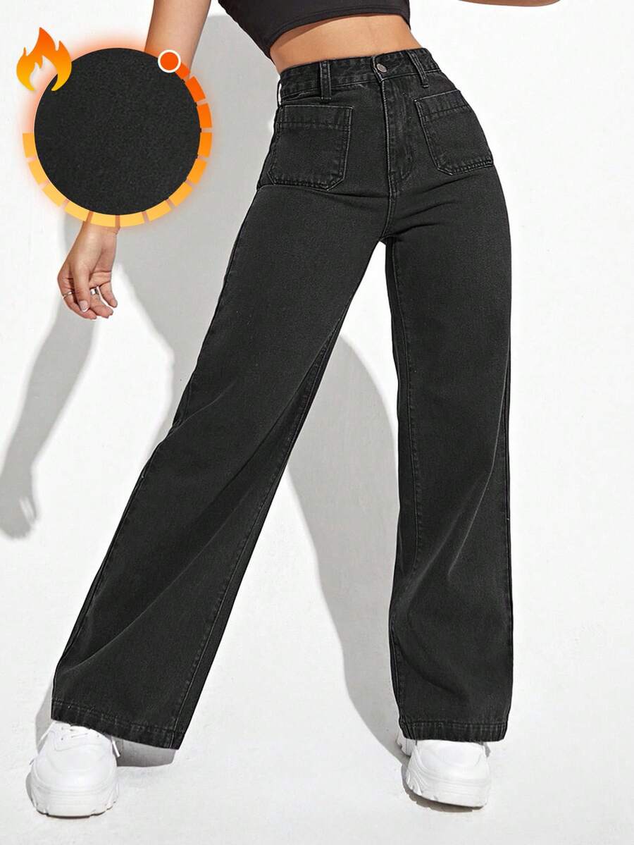 SHEIN ICON 大码女式黑色无弹力阔腿牛仔裤 - 黑色 - 查看 1