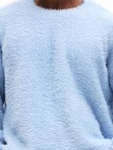 SUMWON 毛绒泰迪针织毛衣奢华毛绒纹理套头衫圆领冬季舒适休闲针织衫柔软毛茸茸套头衫家居服 - 藍色 - 查看 5