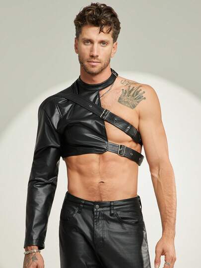 FeverCity 男士时尚性感街头风PU皮革搭扣腰带不对称长袖夹克